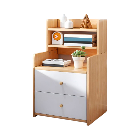 Imagen de Mesa de Luz Natural / Blanco 3 Estantes 2 Cajones 40cm