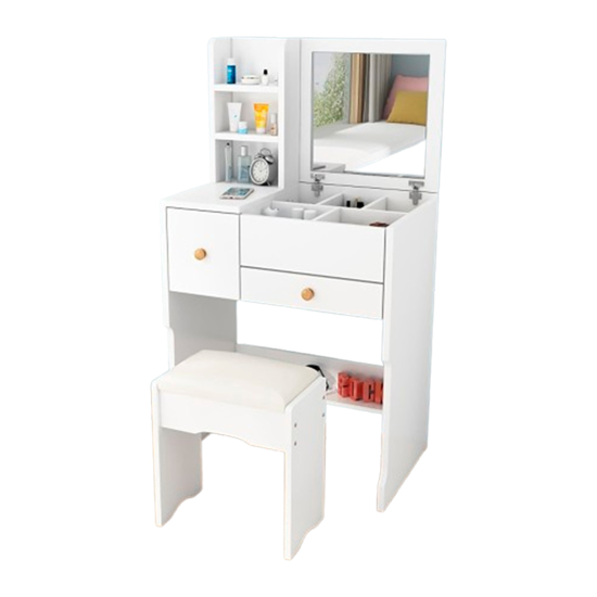 Imagen de Tocador de Madera Blanco con Espejo, Taburete, 2 Cajones