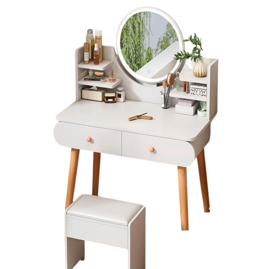 Imagen de Tocador con Espejo Luz LED 2 Cajones y Taburete Blanco