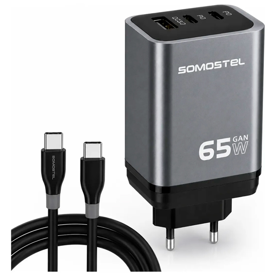 Imagen de Cargador Somostel Para Celular 65W Triple Puerto Y Cable