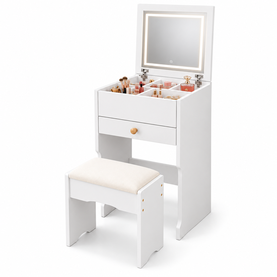 Imagen de Tocador 80x40cm Blanco con Espejo LED Cajones y Taburete