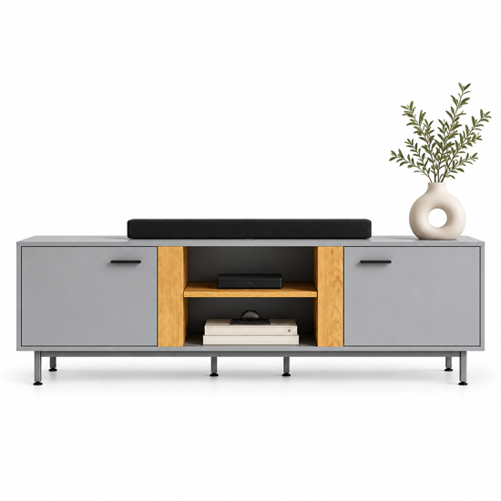 Imagen de Rack Madera para TV con 2 Puertas, Estantes y Patas de Metal